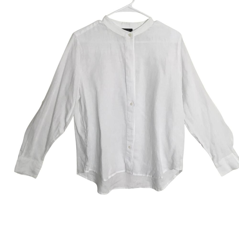 Ann Taylor LOFT Women's Blouse White Long Sleeve Semi Sheer Button Up Sz L linen